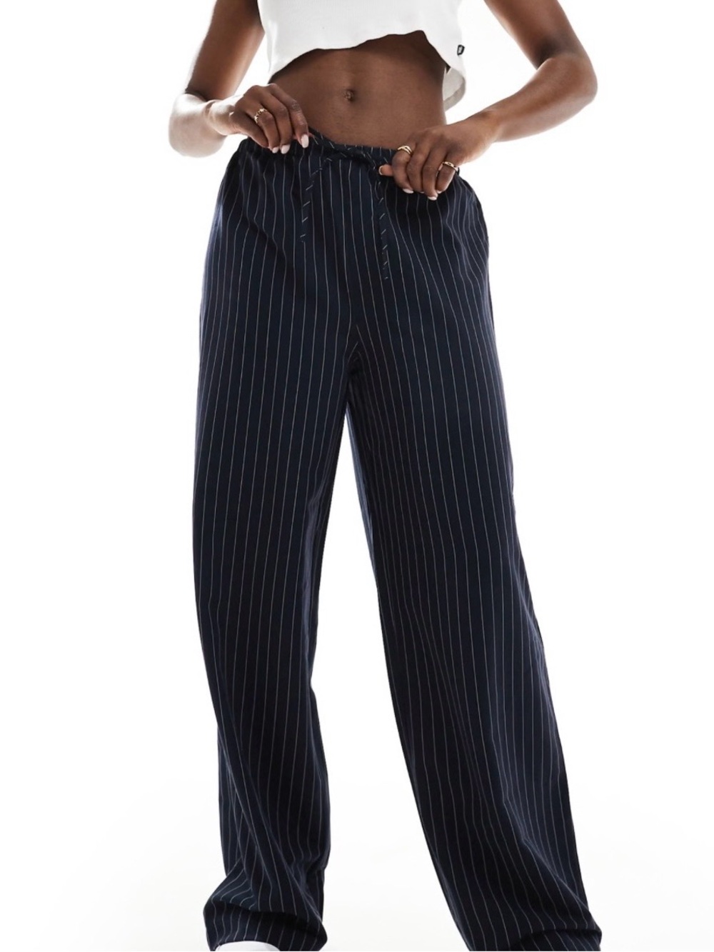 Wide-Leg Navy Pinstripe Drawstring Pants